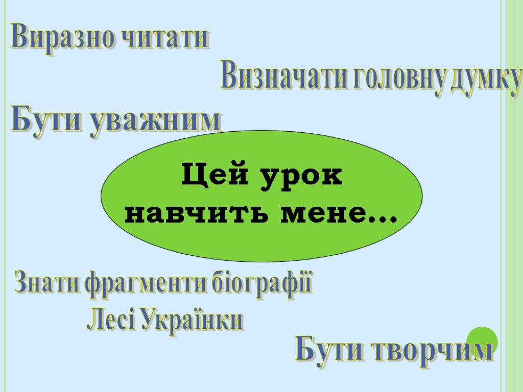 Виразно читати Бути творчим Бути уважним Визначати головну думку Знати фрагменти біографії Лесі Українки